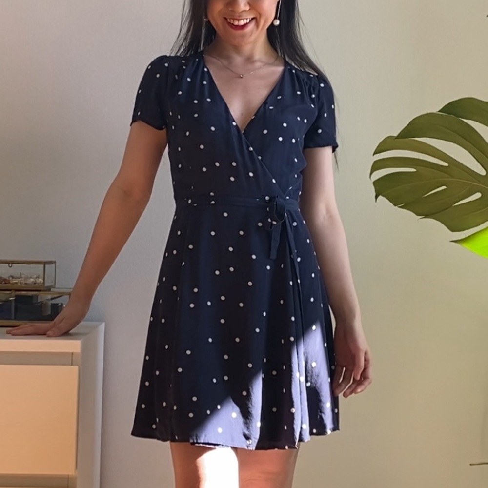 Sezane Anastasia Silk Navy Polka Dot Wrap Dress Size 34